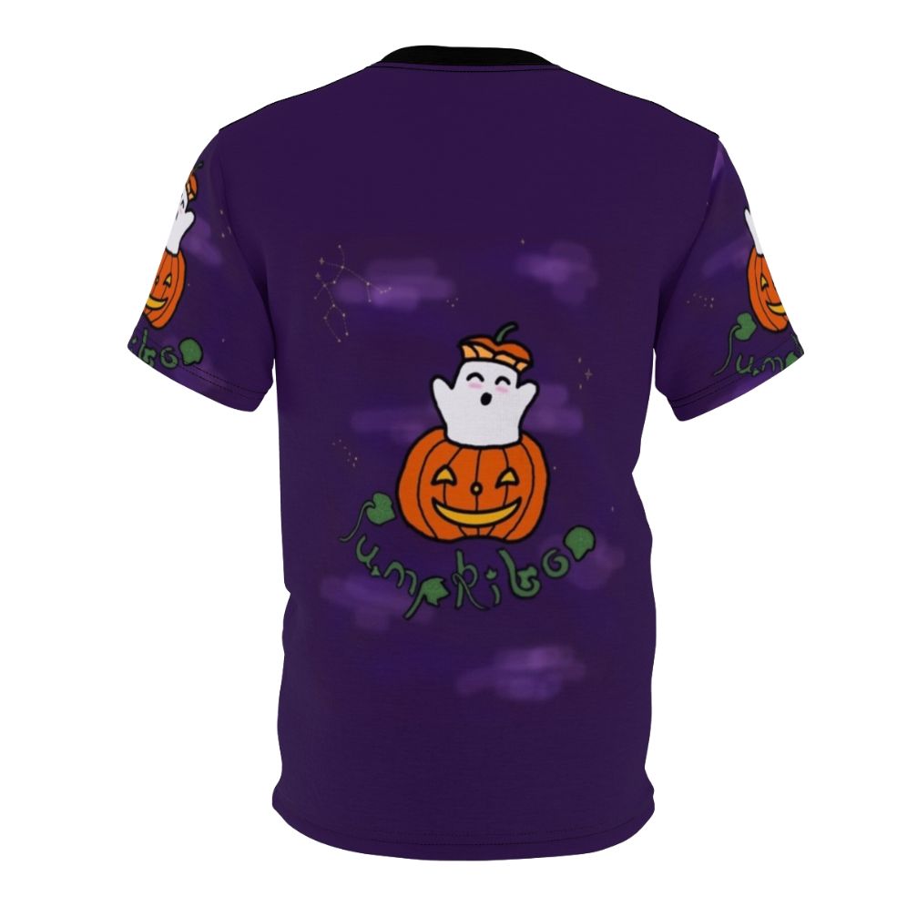 Pumpkin and ghost graphic t-shirt with stars on a purple background - Back