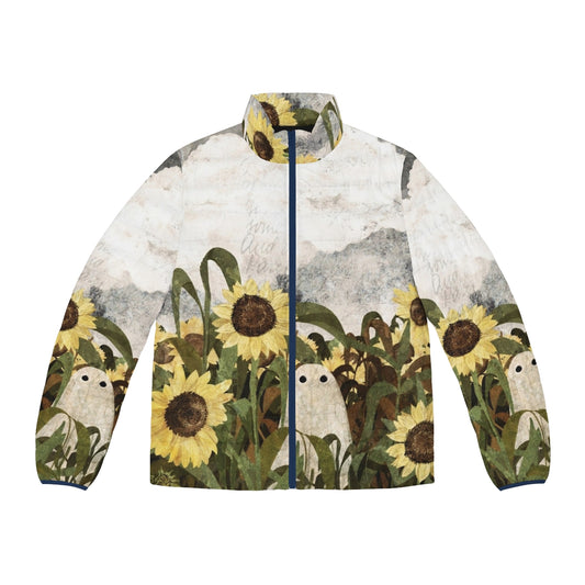 Puffer jacket with a ghostly sunflower field design