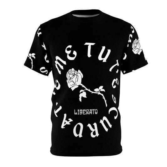 A black and white t-shirt with a rose graphic design, inspired by the music of an Italian rapper.