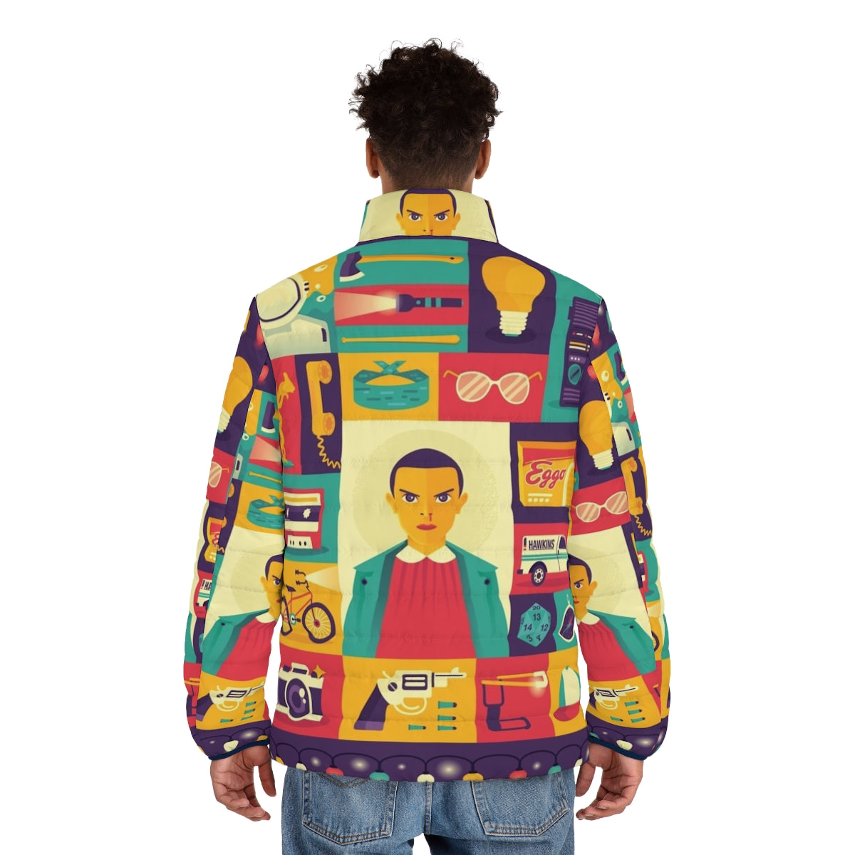 Upside Down Puffer Jacket with Stranger Things Eleven Inspired Design - men back