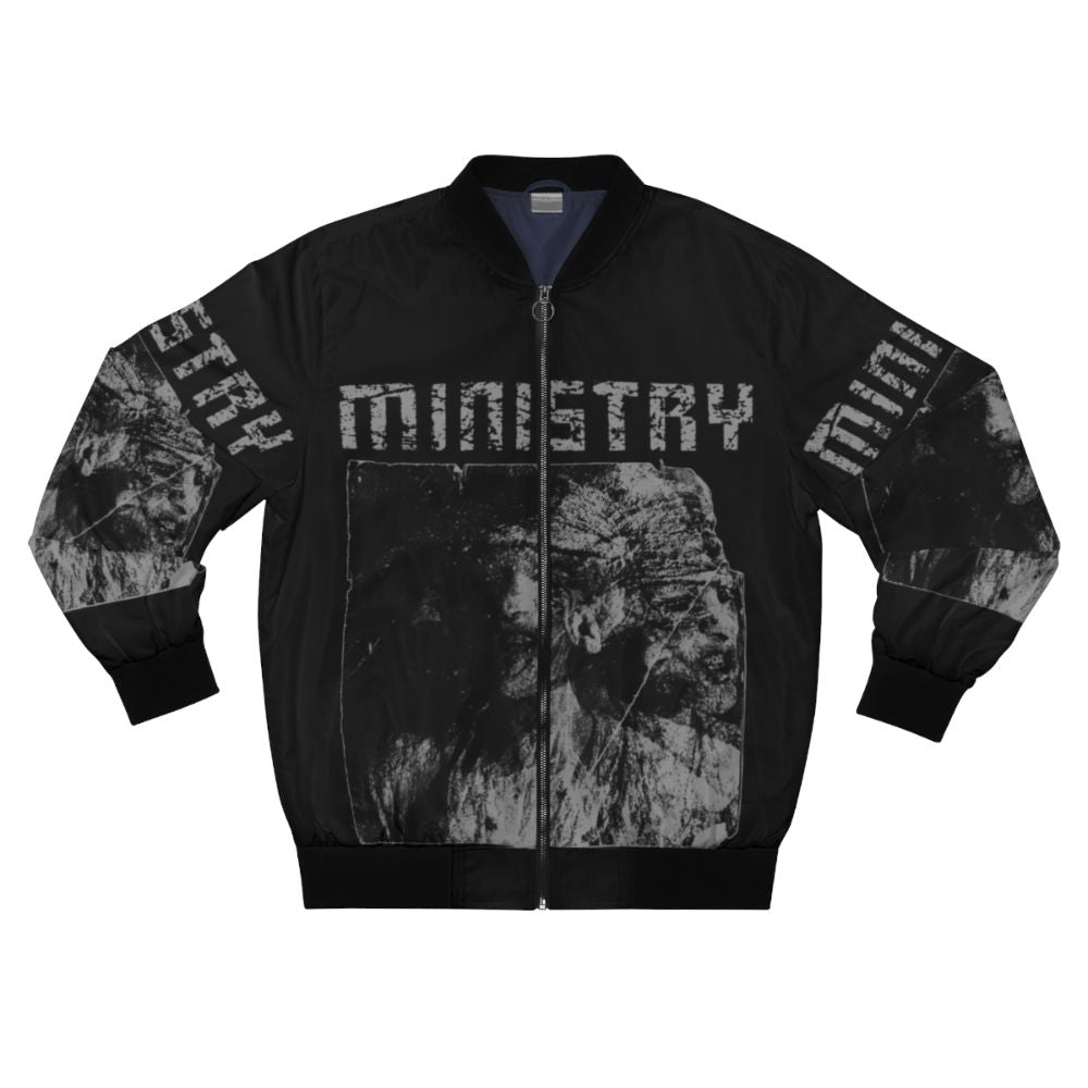 Ministry industrial metal bomber jacket featuring graphic designs and industrial-inspired details.