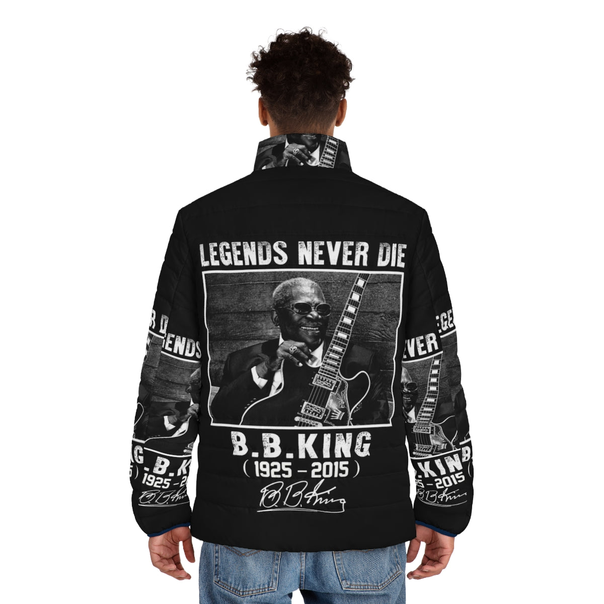 Classic BB King Signature Legends Never Die Puffer Jacket - men back