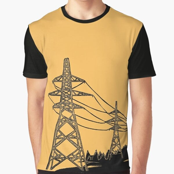 Electricity pylons linocut silhouette graphic design on mustard yellow t-shirt