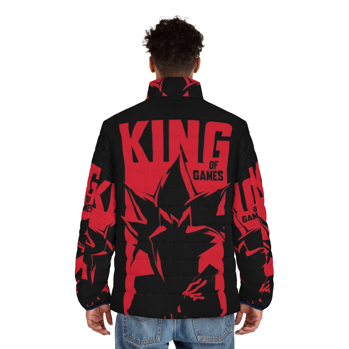 King of Games Puffer Jacket featuring Yu-Gi-Oh! characters and symbols - men back