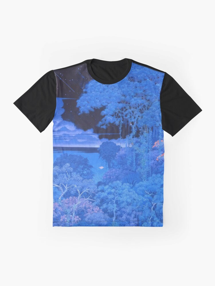 Hiroo Isono's detailed nature art t-shirt featuring vibrant watercolor paintings of wildlife and fantasy landscapes - Flat lay