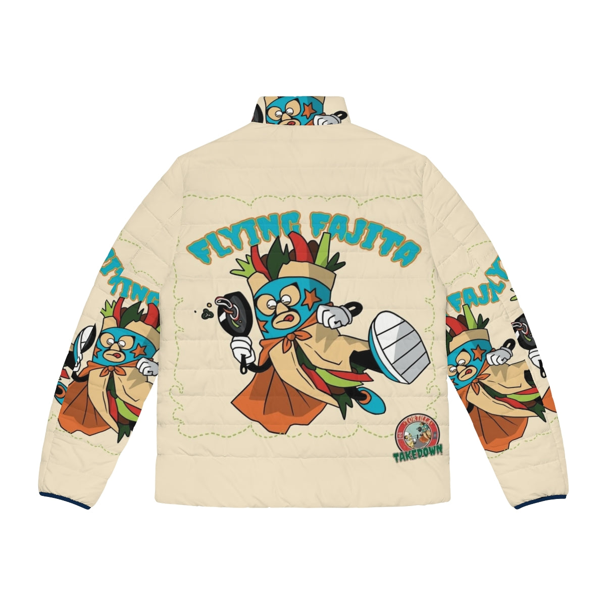 Vibrant puffer jacket with Mexican wrestling and food design - Back