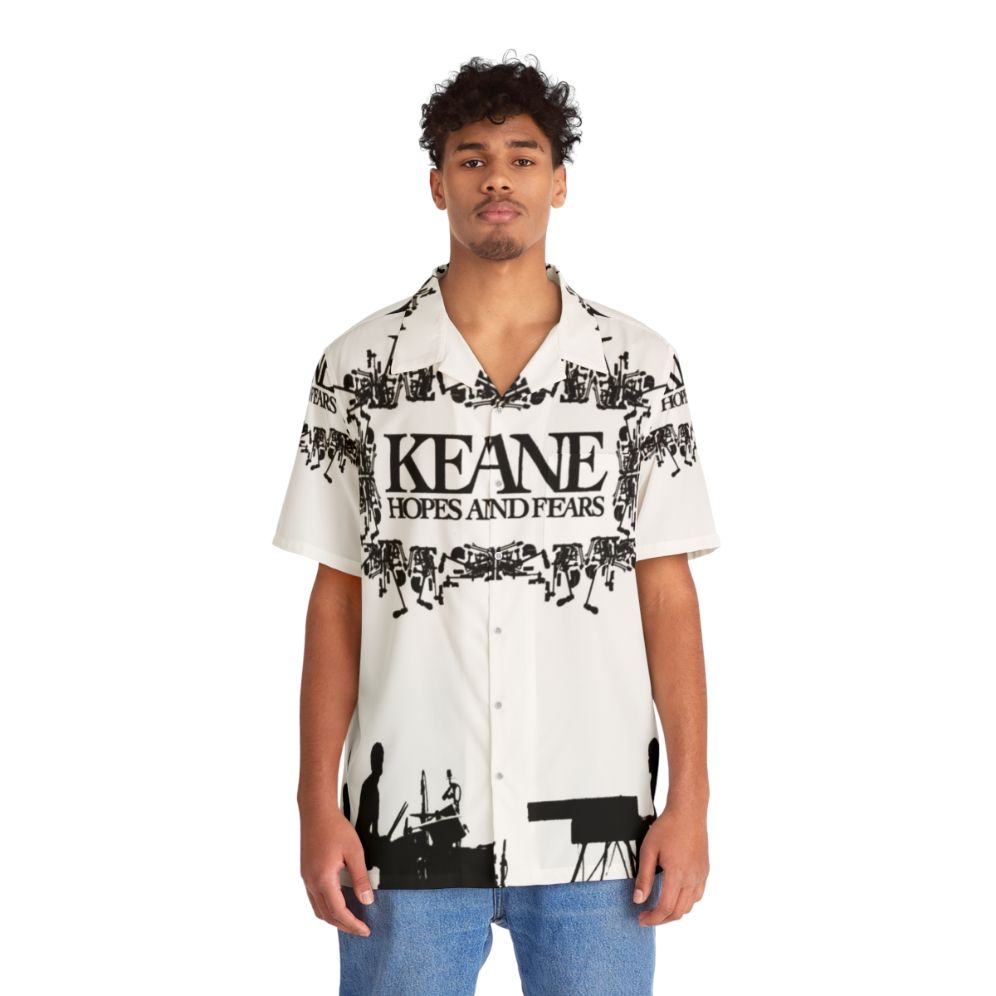 Man wearing tropical Hawaiian shirt with Hopes And Fears design - People Front