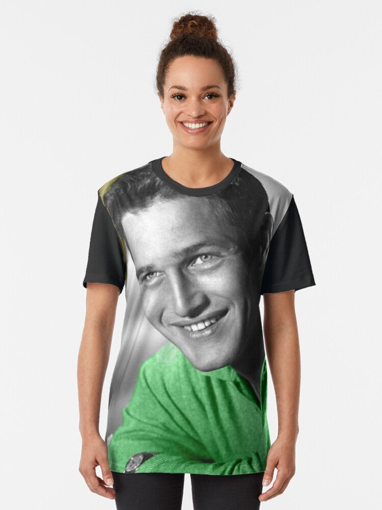 Vintage graphic t-shirt featuring a black and white photo of actor Paul Newman wearing a green jersey - Women