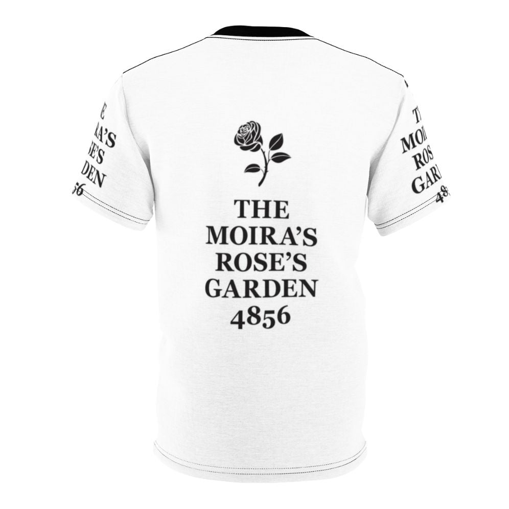 Schitt's Creek inspired minimalist typography t-shirt featuring the name "Moira Rose" in a typewriter-style font against a black background. - Back