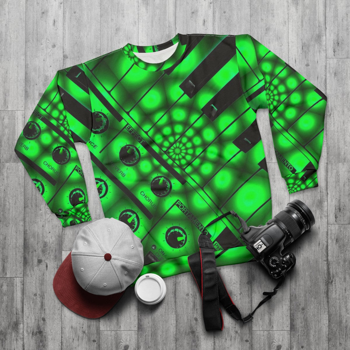 Synthesizer keyboard sweatshirt with electronic music design - flat lay