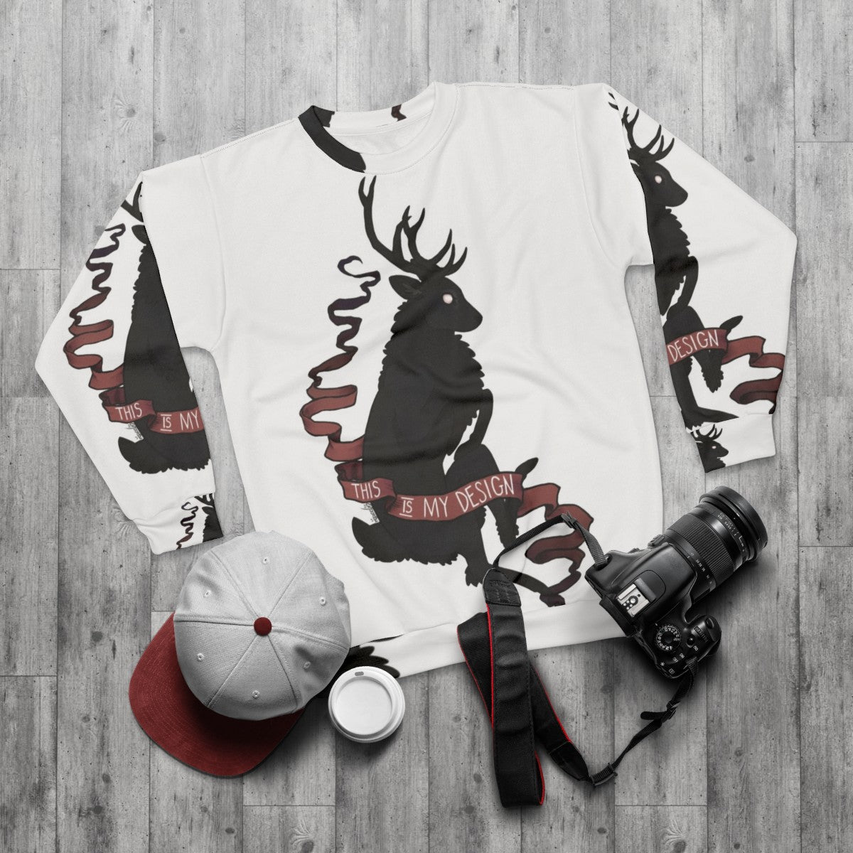 Stag design sweatshirt with "This Is My Design" text - flat lay