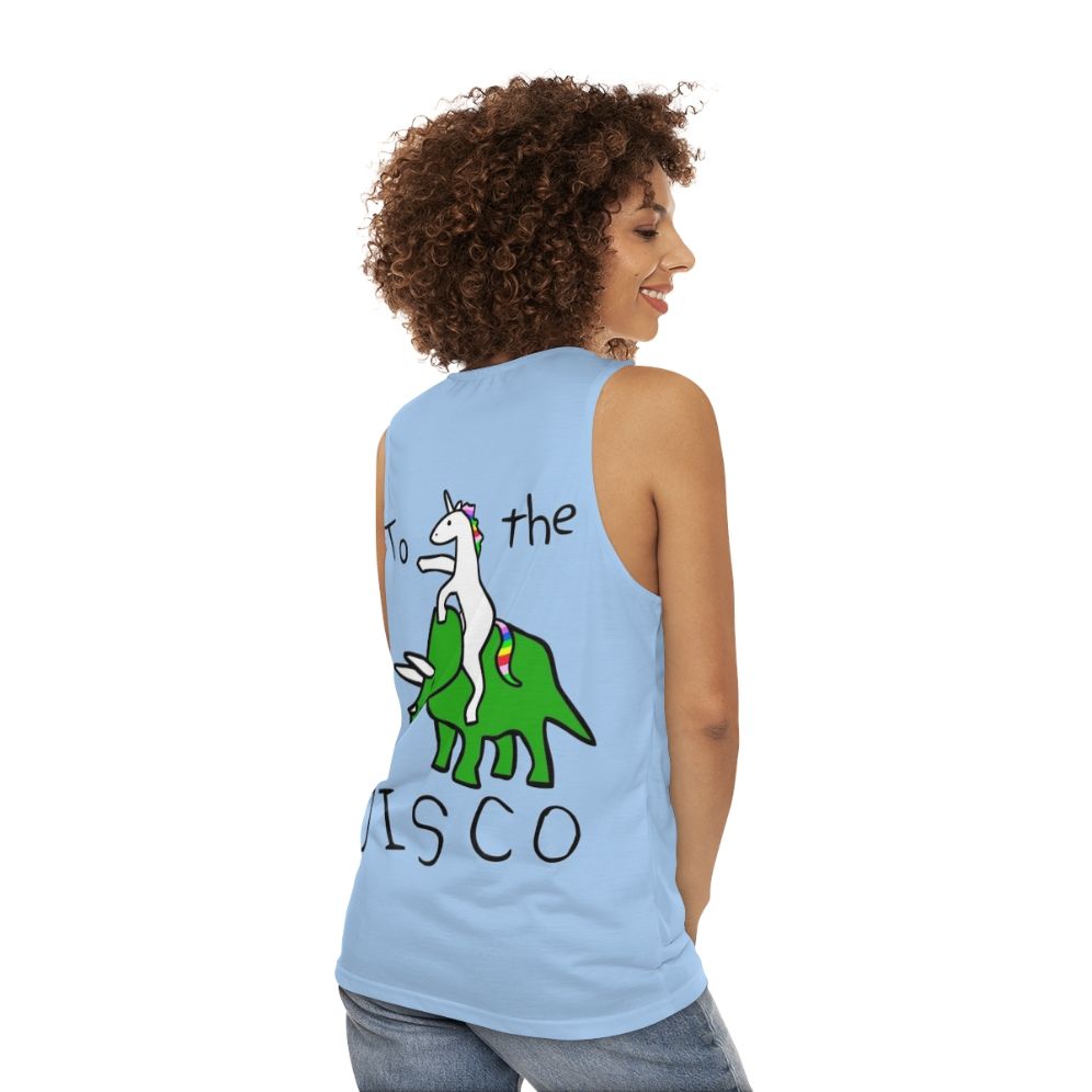 Disco Unicorn Riding Triceratops Unisex Tank Top - women back