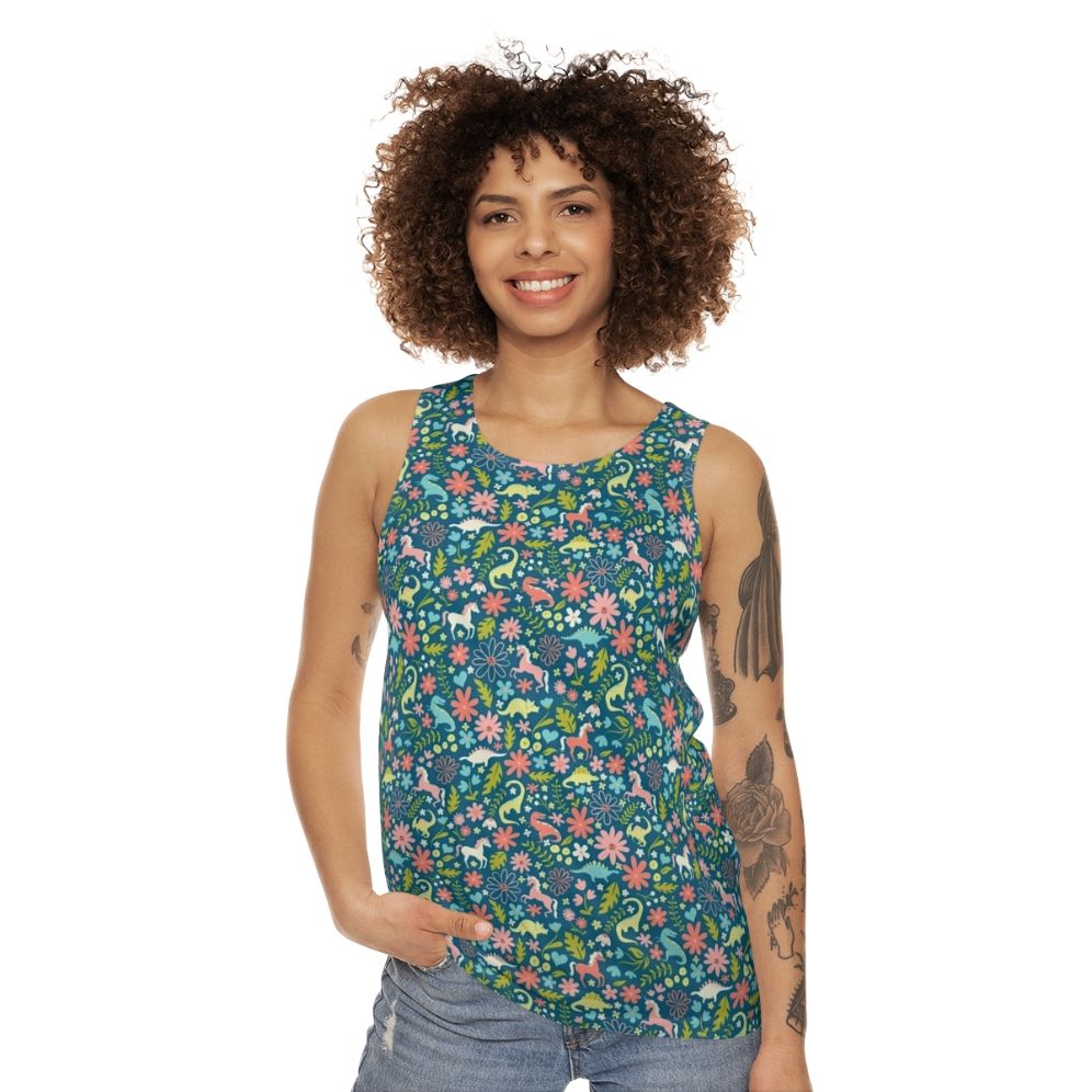 Dinosaur and unicorn unisex tank top with a floral pattern - women