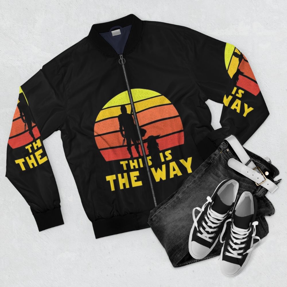 Mandalorian Retro Bomber Jacket with Baby Yoda, Boba Fett, and Beskar Elements - Flat lay