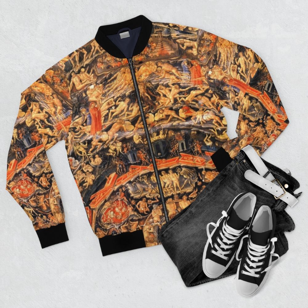 Inferno bomber jacket featuring Bartolomeo di Fruosino's artwork - Flat lay