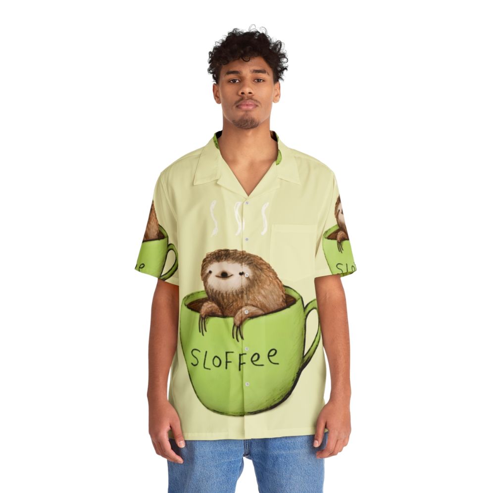 Sloffee Hawaiian Shirt with Cute Sloth and Coffee Cup Design - People Front