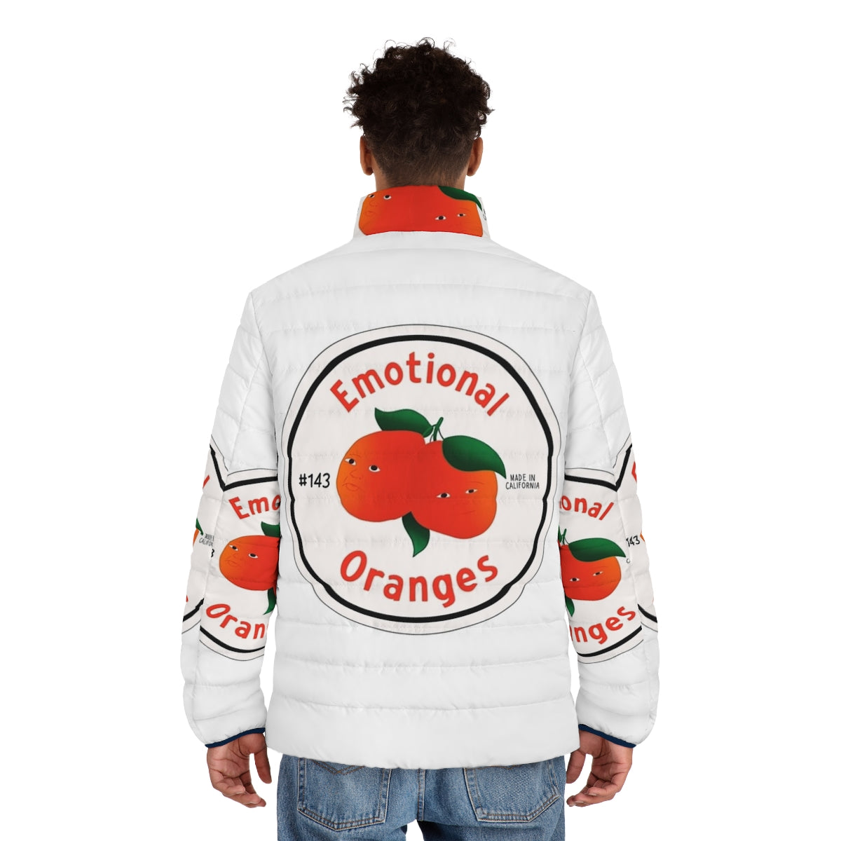 Emotional Oranges 90s-inspired puffer jacket featuring the band's iconic orange logo - men back