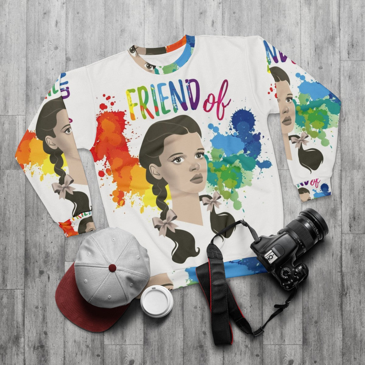 Friend of Dorothy Sweatshirt featuring Judy Garland and Wizard of Oz icons - flat lay