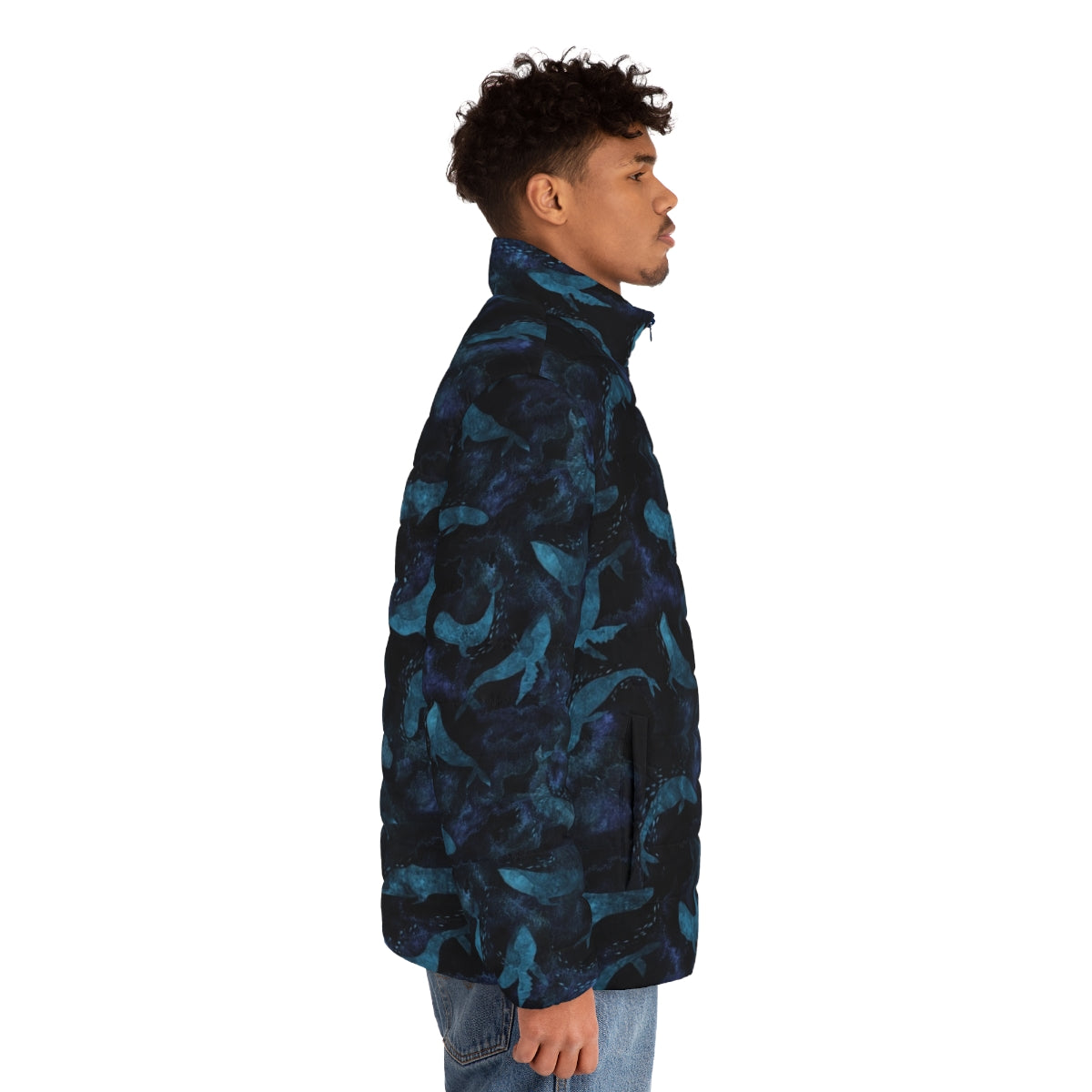 Indigo blue puffer jacket featuring whales and marine life design - men side right