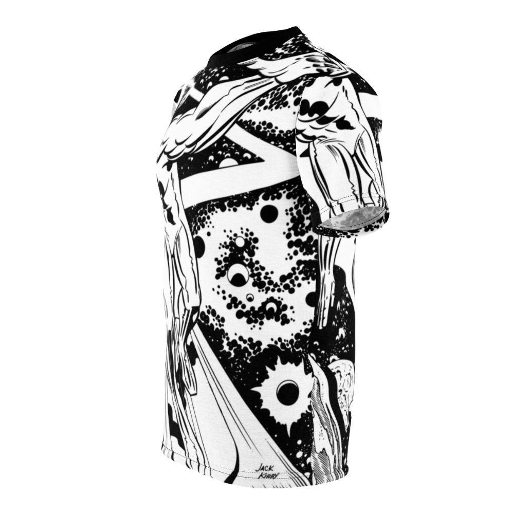 Artistic silver surfer character in black and white graphic design for a t-shirt - men left