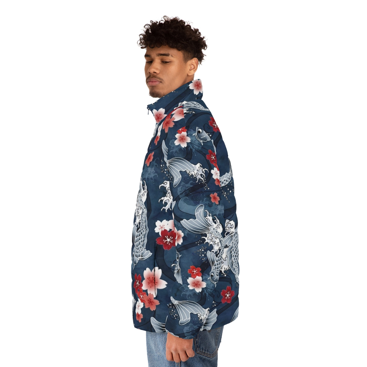 Blue puffer jacket with floral koi fish and sakura blossom watercolor design - men side left