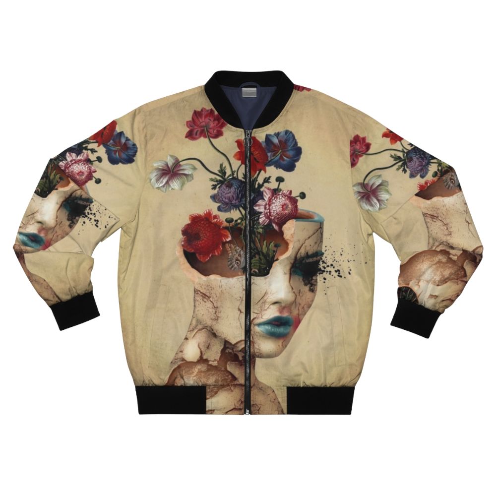 Vintage floral bomber jacket with butterfly and grunge digital art design