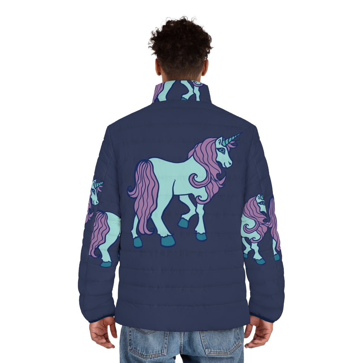 A pink puffer jacket with a unicorn design, perfect for the unicorn lover. - men back