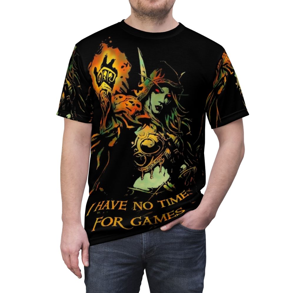 Illustration of the dark lady Sylvanas Windrunner from the Hearthstone video game on a t-shirt - men front