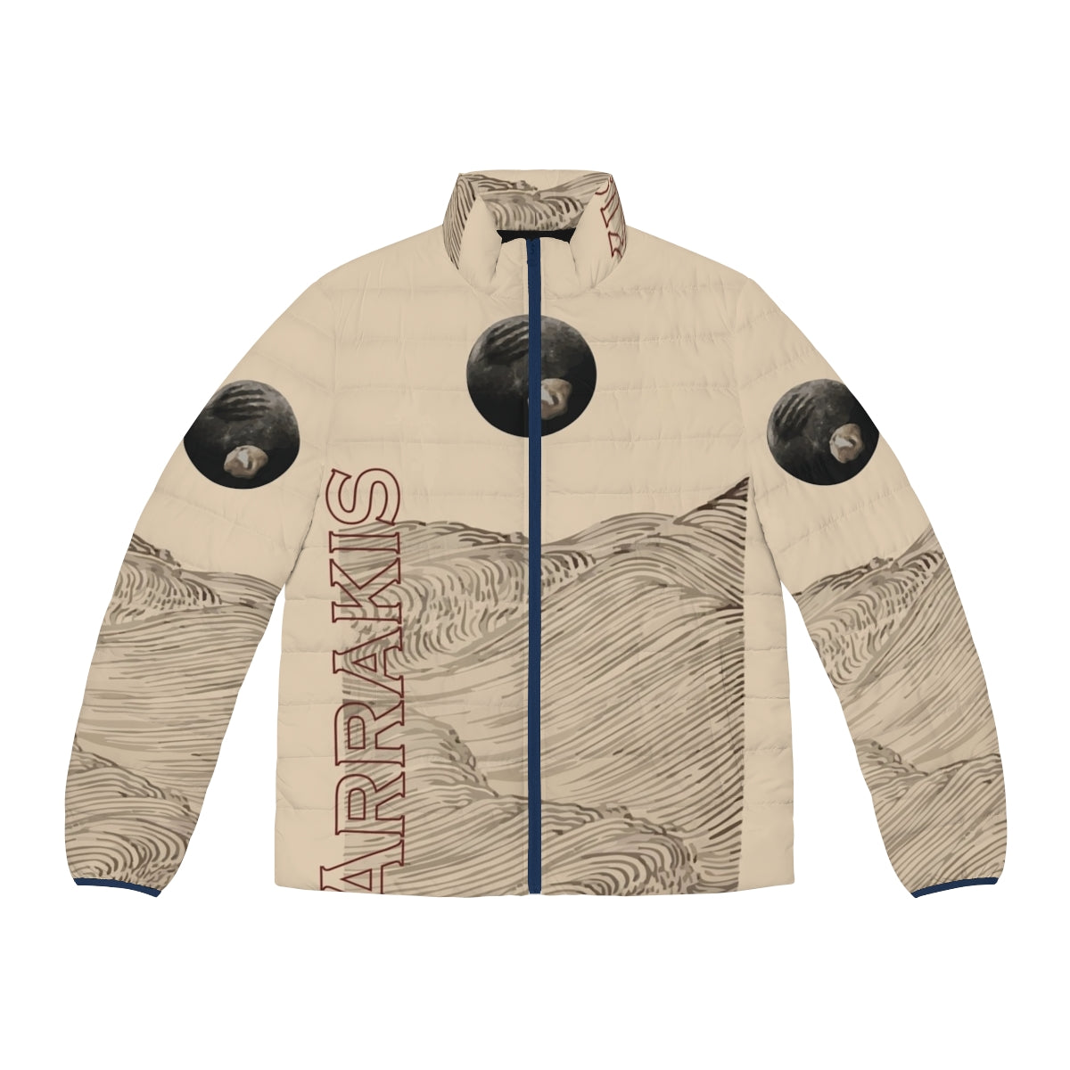 Dune inspired puffer jacket with desert landscape design