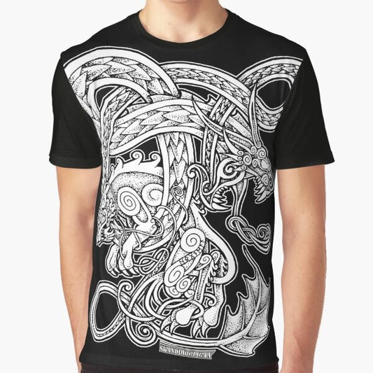 Viking and Norse themed t-shirt design featuring the mythical wolves Fenrir and Jörmungandr