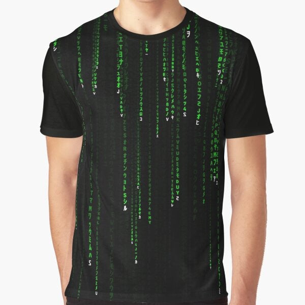 Matrix-inspired green graphic t-shirt with coded design