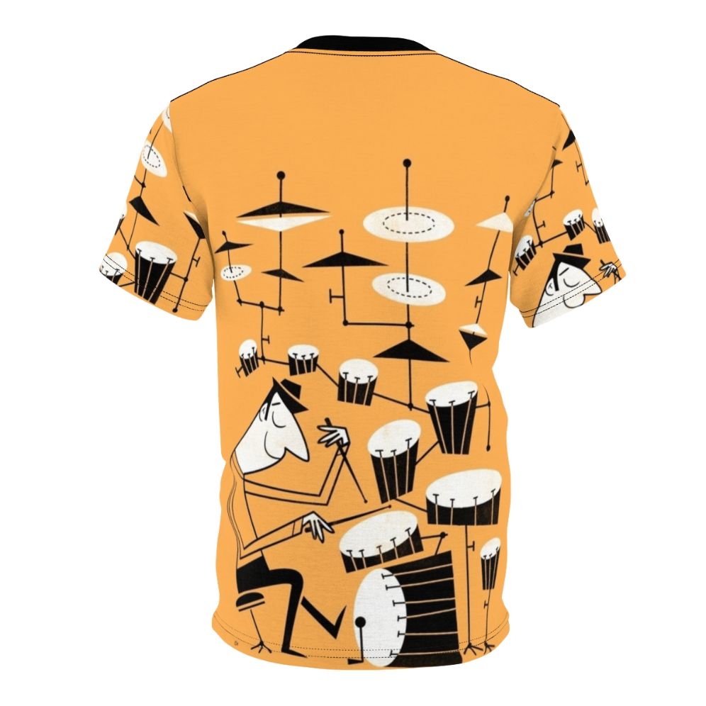 A graphic t-shirt featuring a funky, retro-inspired design with drums and a musical beat. - Back