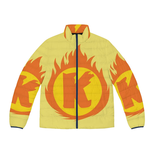 A vibrant puffer jacket with a superhero letter K fire insignia design