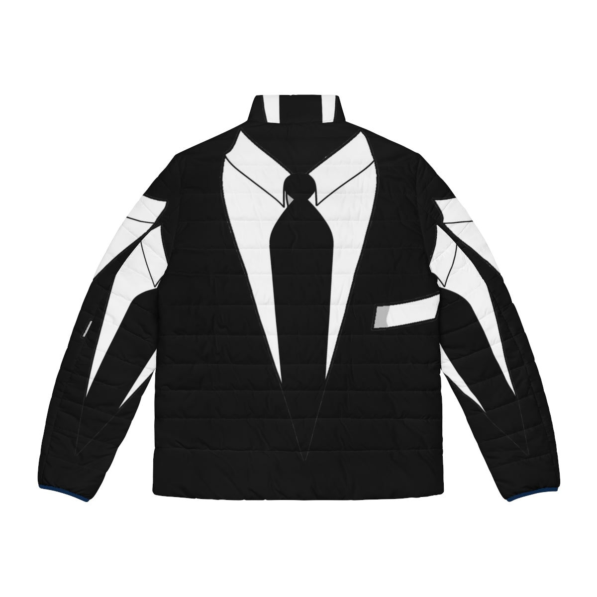 Man wearing a sleek, stylish tuxedo puffer jacket for a formal event. - Back