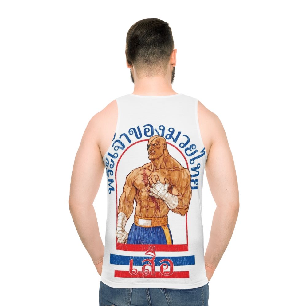 Sagat, the Muay Thai warrior from Street Fighter, on a unisex tank top - men back