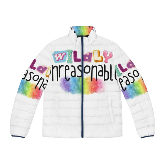 Colorful puffer jacket with LGBTQ+ pride design