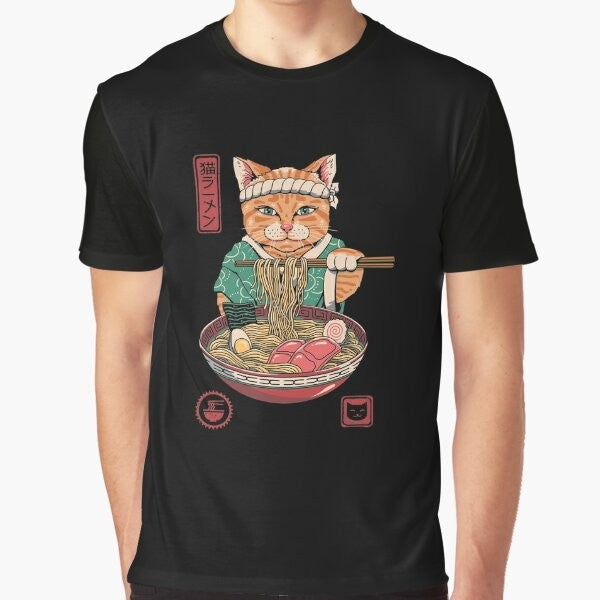 Neko Ramen Graphic T-Shirt featuring a cute cat and a ramen bowl with Japanese-inspired design