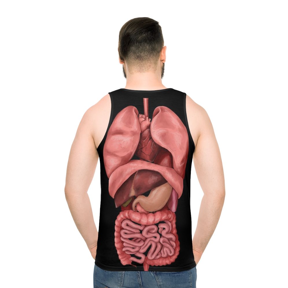 Unisex tank top featuring a watercolor illustration of the human internal organs - men back