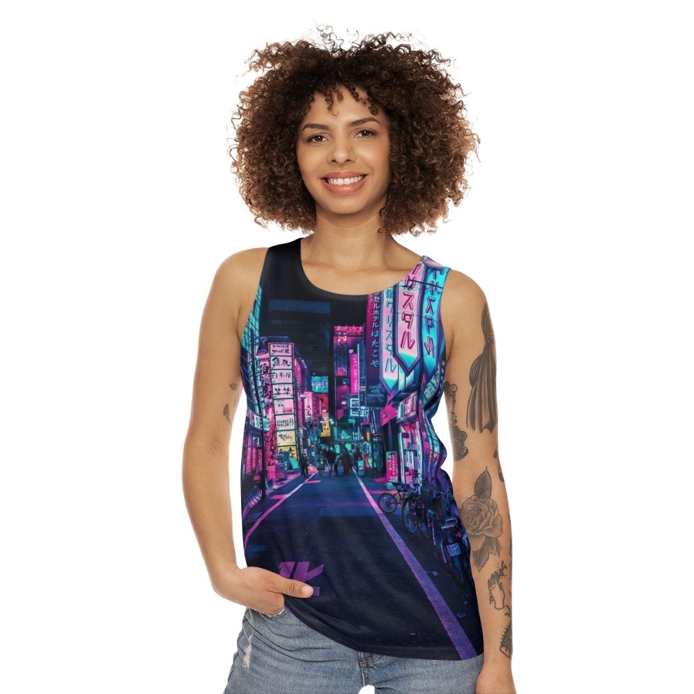 Futuristic neon unisex tank top with Japanese streetwear design - women