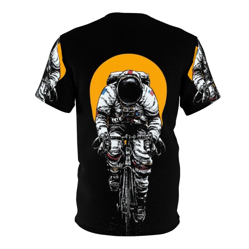 Cycling-inspired t-shirt with a space-themed design featuring an astronaut riding a bicycle in the cosmos. - Back