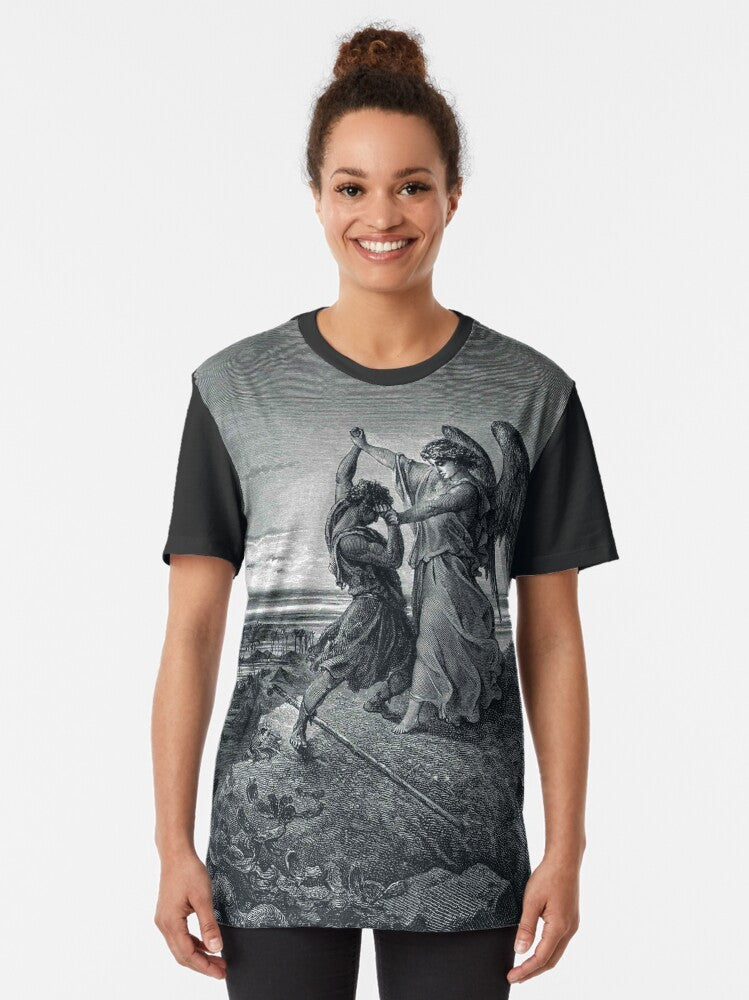 Vintage biblical artwork of Jacob wrestling with the angel, designed by Gustave Dore, printed on a graphic t-shirt. - Women