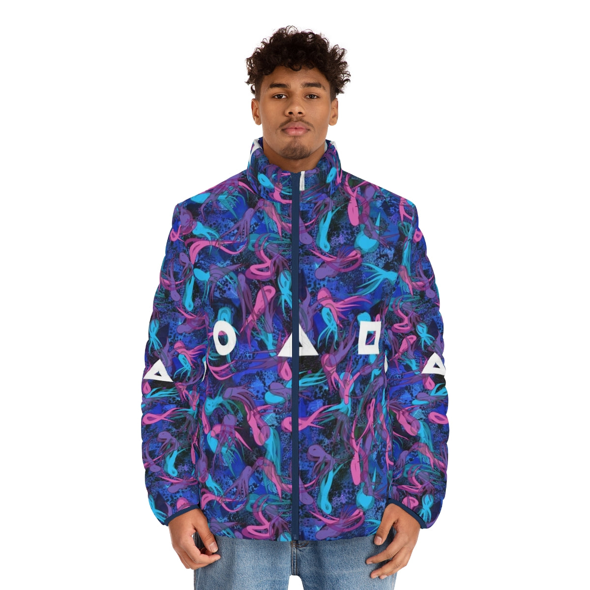 Squid Game Inspired Survival Puffer Jacket with Survival Pattern Design - men front