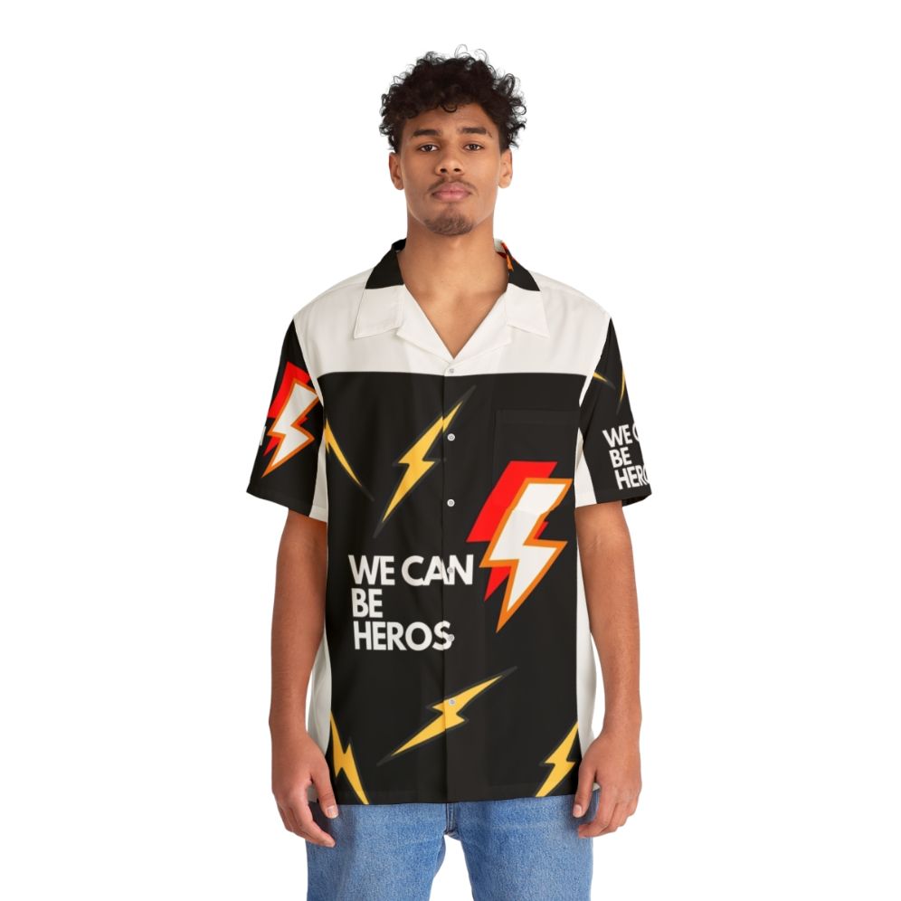 Model wearing a "We Can Be Heros" Hawaiian shirt with a lightning print design - People Front