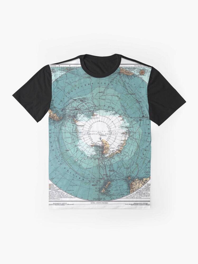 Vintage Antarctica map graphic printed on a t-shirt, featuring a classic, retro design of the Antarctic continent. - Flat lay