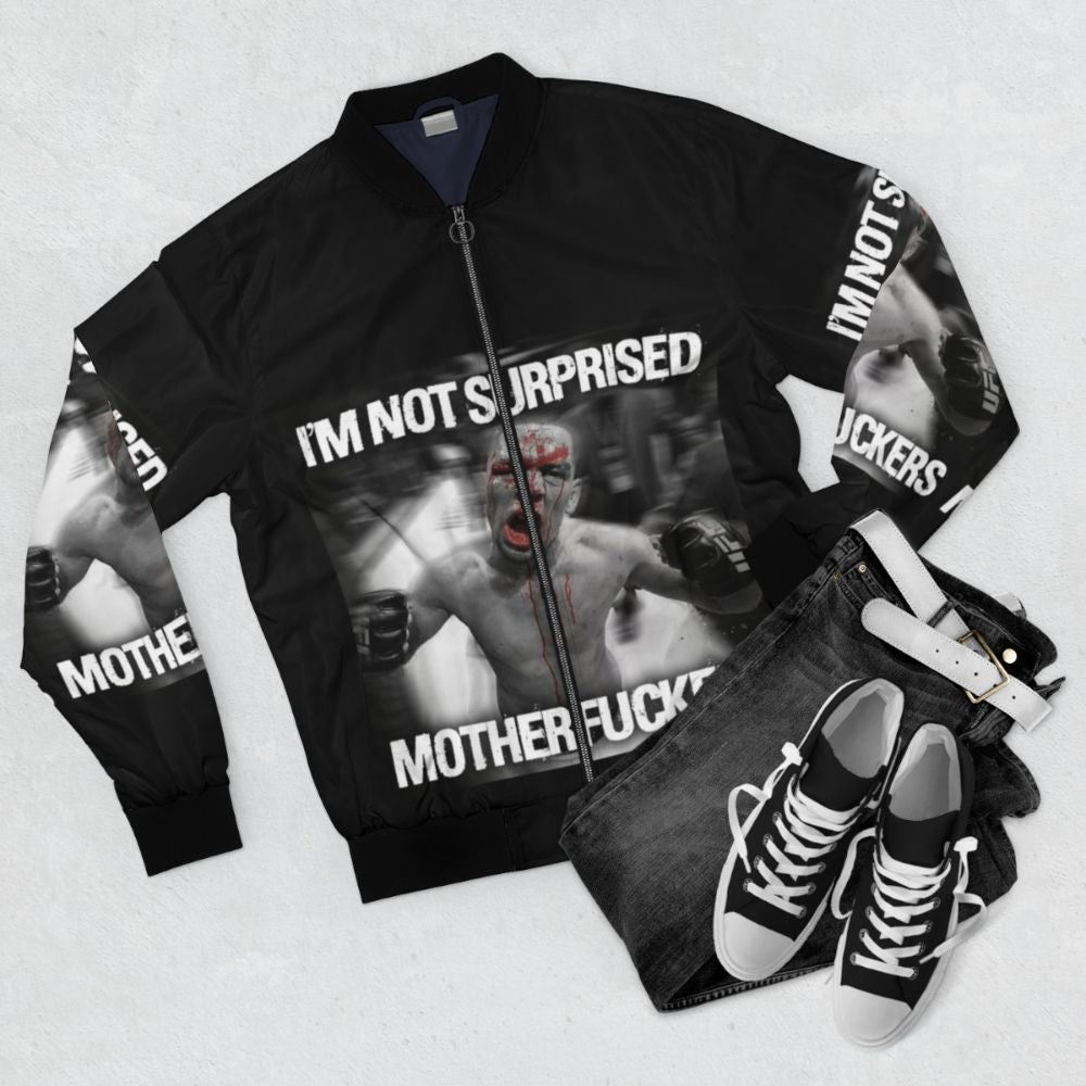 Nate Diaz "Not Surprised Motherfuckers" Bomber Jacket with UFC and Stockton 209 graphics - Flat lay