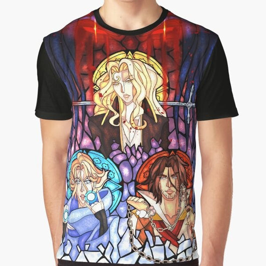 Castlevania Netflix Series Stained Glass Graphic T-Shirt featuring Trevor Belmont, Alucard Tepes, and Sypha Belnades