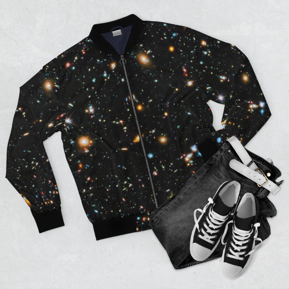 Bomber jacket featuring the Hubble Extreme Deep Field view of the universe - Flat lay