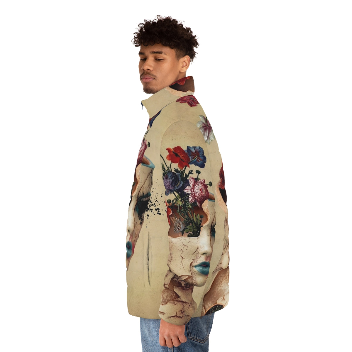 A puffer jacket with a digital art floral and butterfly design, representing broken beauty in a vintage grunge style. - men side left