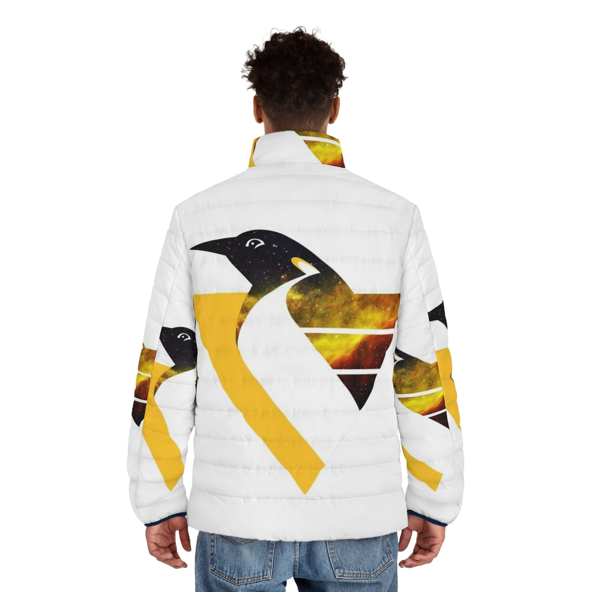 Nebula Penguins Throwback Puffer Jacket, featuring a space-inspired design and throwback Pittsburgh Penguins logo - men back