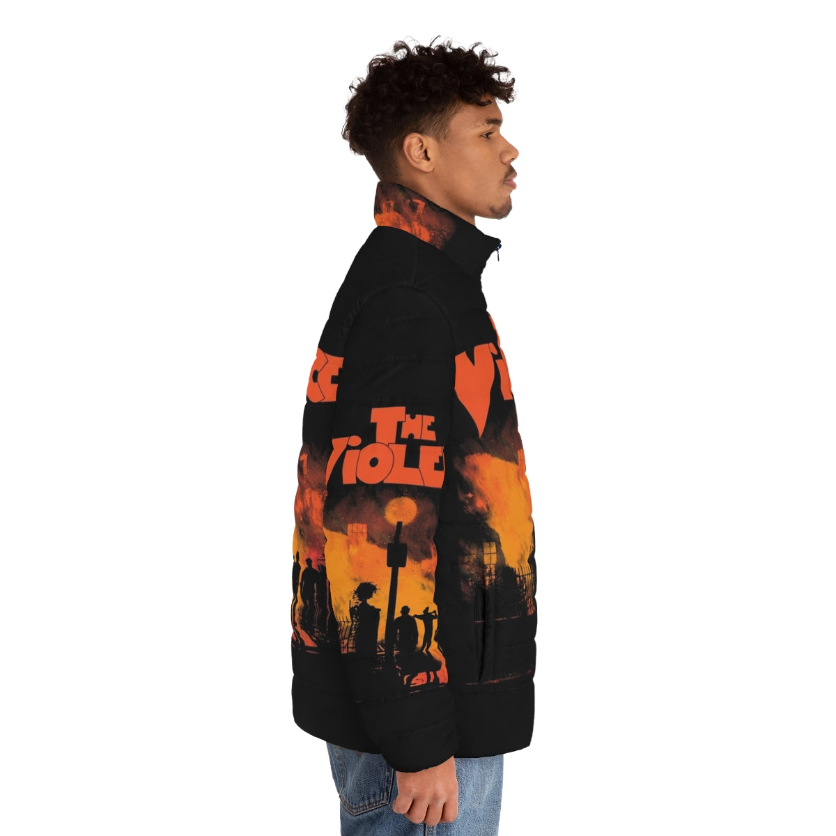 Vibrant puffer jacket with horror and thriller-inspired design - men side right